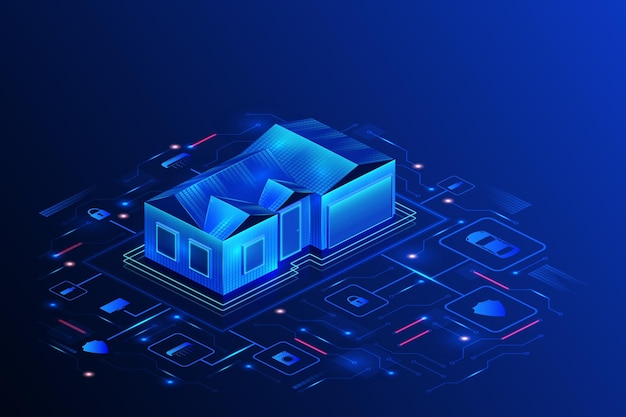 Smart home technology Building IOT banner Automated house by internet network Security and appliance management system Architecture automation control infographic Vector background