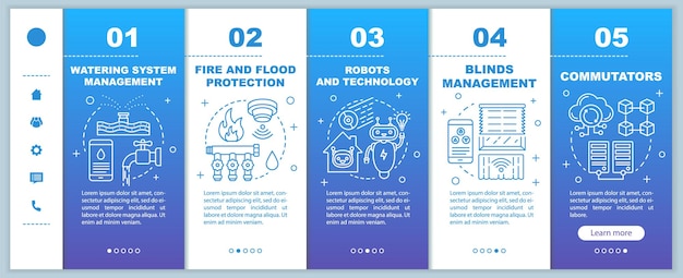 smart house onboarding mobile web pages vector template. home control system. responsive smartphone website interface idea with linear illustrations. webpage walkthrough step screens. color concept