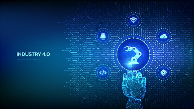 smart industry 4 robotic arm factory automation background with circuit board and industry icons