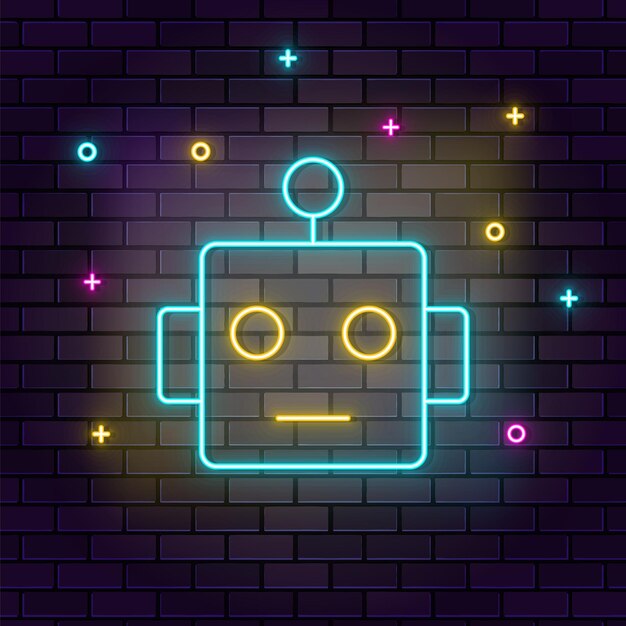 Smart robot icon neon on wall Dark background brick wall neon icon
