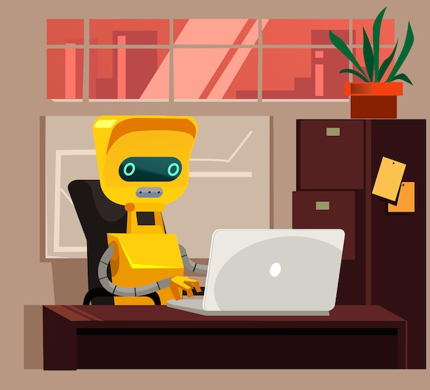 Smart robot sitting and worker at computer instead human person man