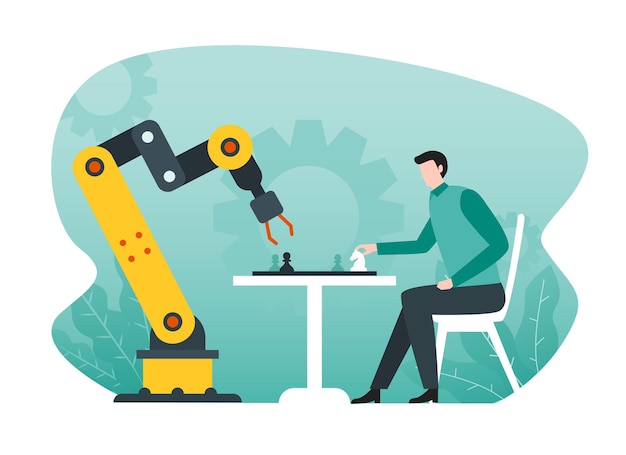 Smart robotic arm playing chess with a man, artificial intelligence concept