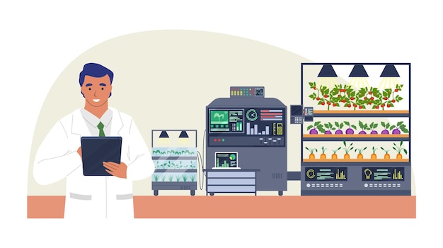Smart vegetable farm, flat  illustration. Iot, smart farming technology in agriculture.