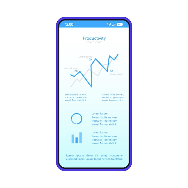 smartphone dashboard interface vector template. mobile productivity page blue design layout. statistics screen. flat application ui. data analysis app. phone display with analytics diagram
