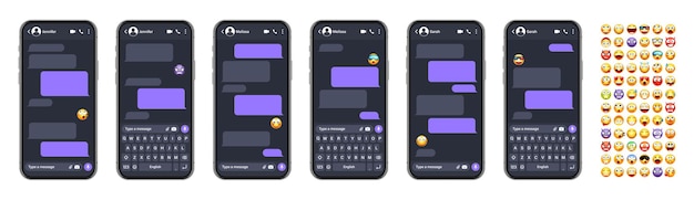 Smartphone messaging app user interface with emoji sms text frame chat screen violet message bubbles