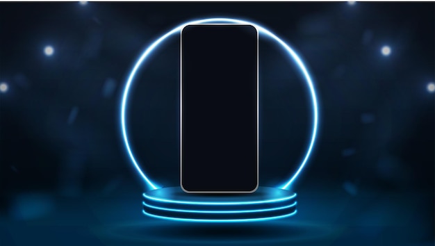 smartphone on the podium against the background of a bright round neon arch the concept for the application