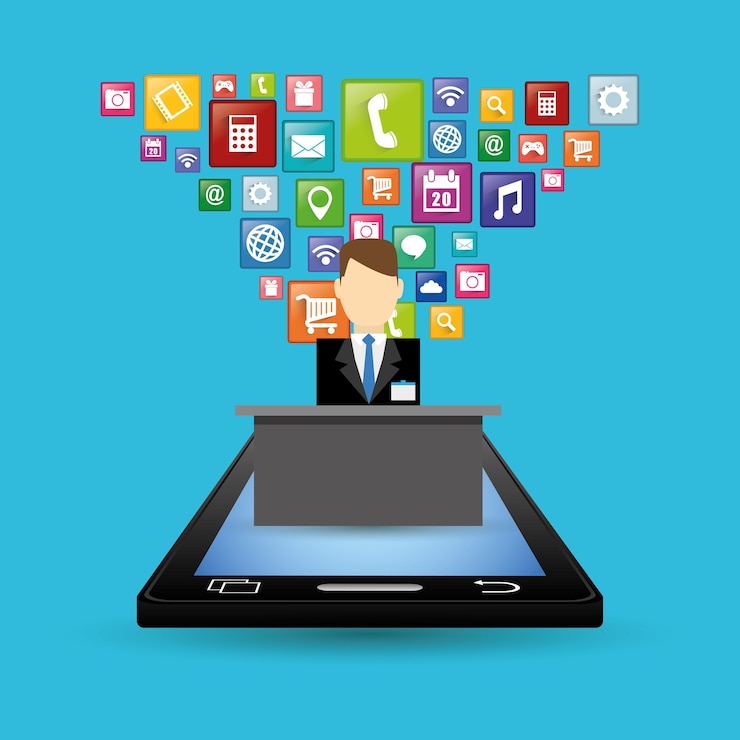 Vector smartphone receptionist and hotel digital apps design