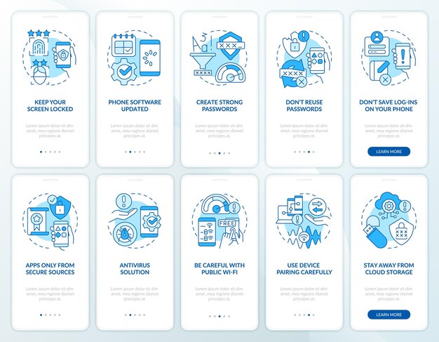 Smartphone security tips blue onboarding mobile app screen set