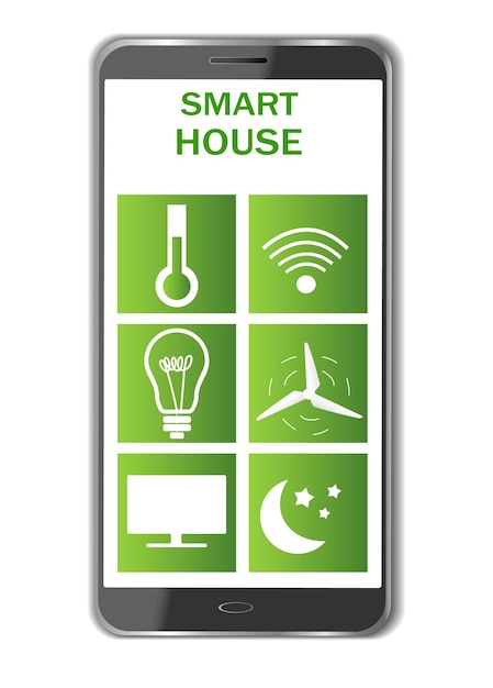 smartphone with open mobile application smart home with buttons remote control icon set smart home symbol buttons on green background for computer for smartphone programs and applications