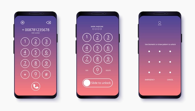 Smartphone with passcode lock screen interface use biometric or pattern pages with gradient style