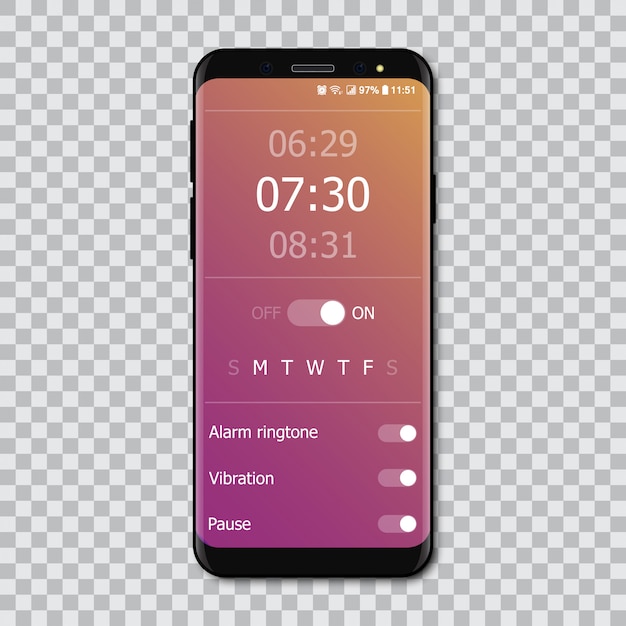 Smartphones with mockup alarm interface. 