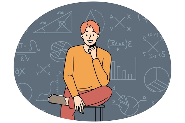 Smiling man sit near board with math formula