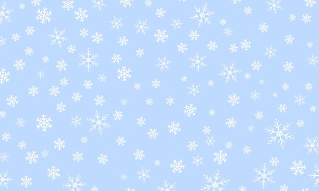 Snow background. Winter snowfall. White snowflakes on blue sky. Falling snow.