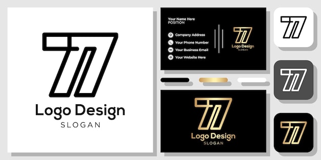 Số 77 biểu tượng thiết kế logo màu đen vàng với mẫu danh thiếp