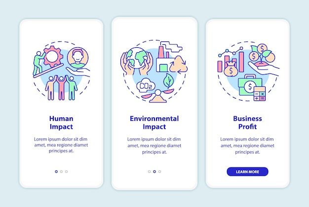 Social entrepreneurship success measurement onboarding mobile app page screen