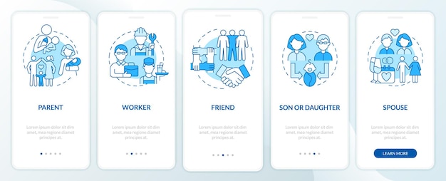 Social function example blue onboarding mobile app page screen. Role in community walkthrough 4 steps graphic instructions with concepts. UI, UX, GUI vector template with linear color illustrations