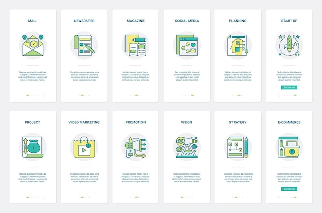Social media advertising business strategy UX UI onboarding mobile app page screen set