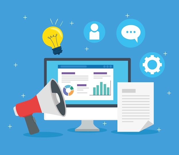 social media concept, computer and megaphone with icons illustration design