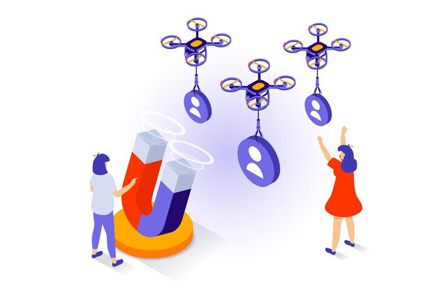 social media concept in 3d isometric design people attracting new auditorium by marketing magnet flying drone carrying new followers to blog vector illustration with isometry scene for web graphic