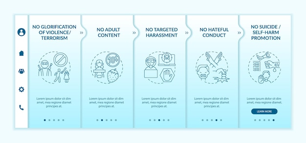 Social media conversation safety onboarding vector template. Responsive mobile website with icons. Web page walkthrough 5 step screens. No suicide promotion color concept with linear illustrations