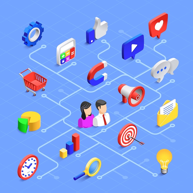 Social media isometric composition. Digital marketing communication, multimedia content or information sharing.