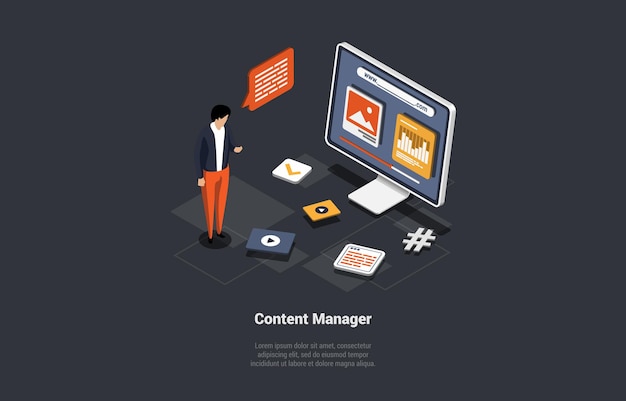 social media marketing concept layout content online promotion content production and filling manager makes harmonious combination of content on laptop isometric 3d cartoon vector illustration