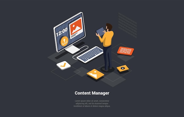 Social Media Marketing Concept Layout Content Online Promotion Web Development And UI Design Man Content Manager Producing And Filling Content On Tablet Isometric 3D Cartoon Vector Illustration
