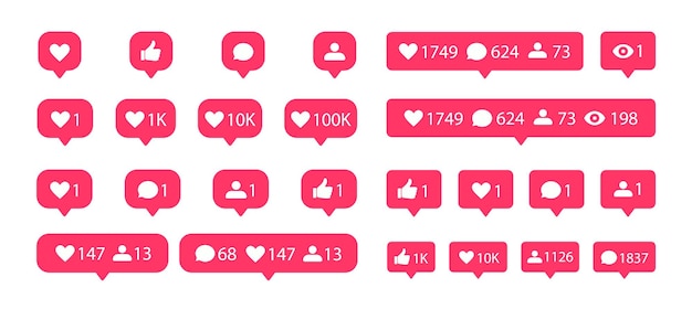 Social media notification flat icons set Like comment follower and view buttons Vector social media bubble icons