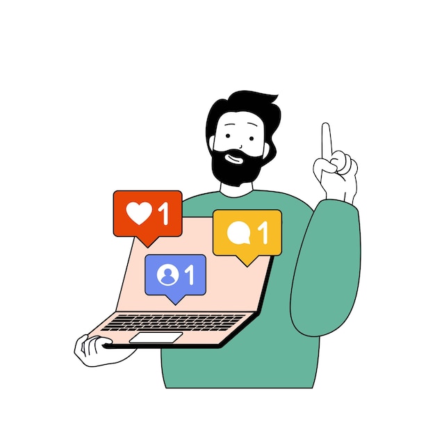 social network concept with cartoon people in flat design for web man connecting online with followers and answering comments vector illustration for social media banner marketing material