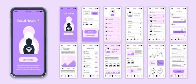 Social network mobile app interface screens template set Account login friends list messages in chat settings profile statistic Pack of UI UX GUI kit for application web layout Vector design