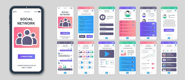 Social network mobile app interface screens template set Online account friends chat messages photo posts blogging statistics Pack of UI UX GUI kit for application web layout Vector design