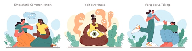 Soft skill development set character with empathy person with deep understanding of emotions and