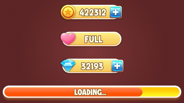 soft style game ui vector set - coin, heart, diamond and loading bars with editable text effect