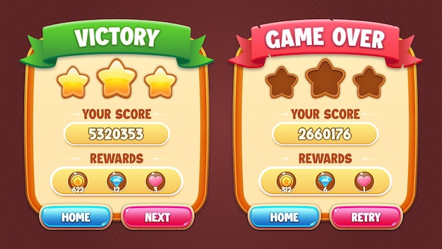 Soft style game UI vector set - victory and game over popup, Buttons with editable text effect