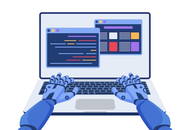 software code automation development using ai machine learning robot coding at laptop