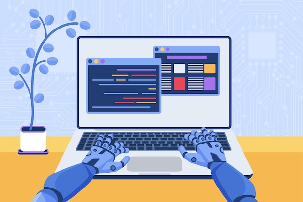 software code automation development using ai machine learning robot coding at laptop