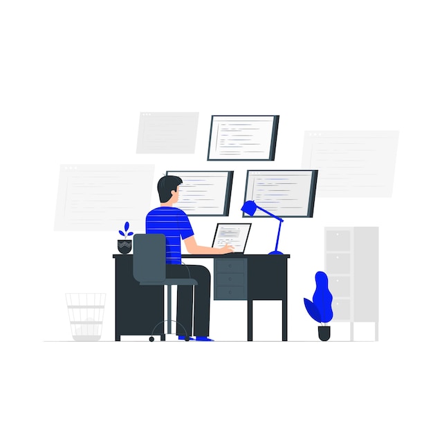 Software Developer Coding at Desk with Multiple Screens