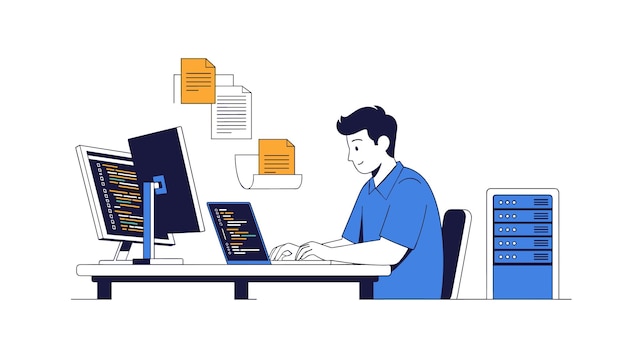 Software Developer Coding on Computer with Server