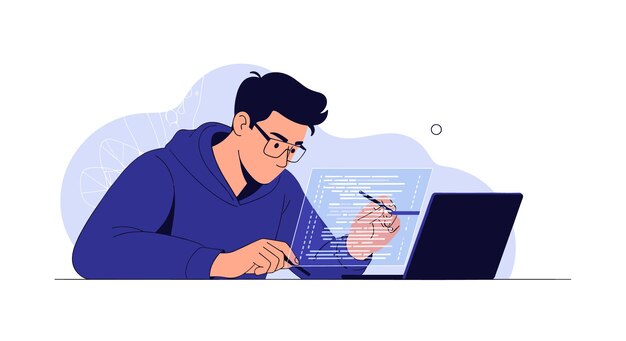 Software Developer Coding on Laptop with Abstract Data