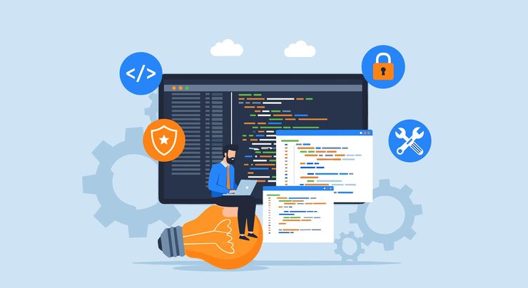 Vector software developer coding on laptop with programming icons