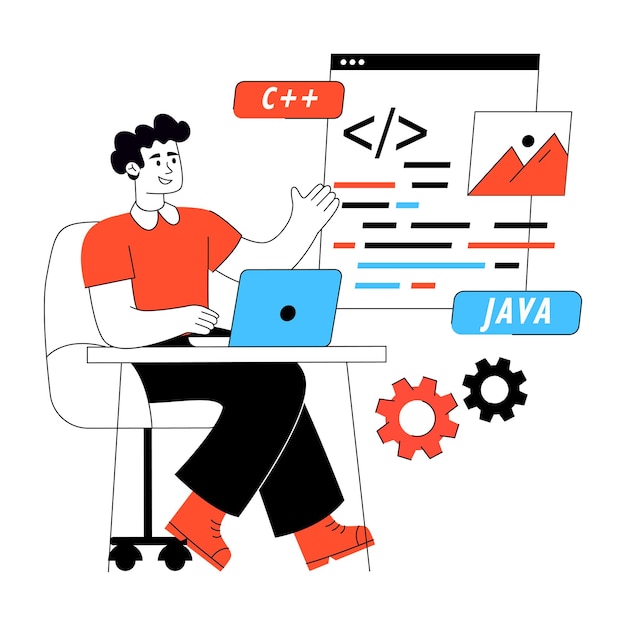 Software Developer Coding on Laptop with Programming Languages