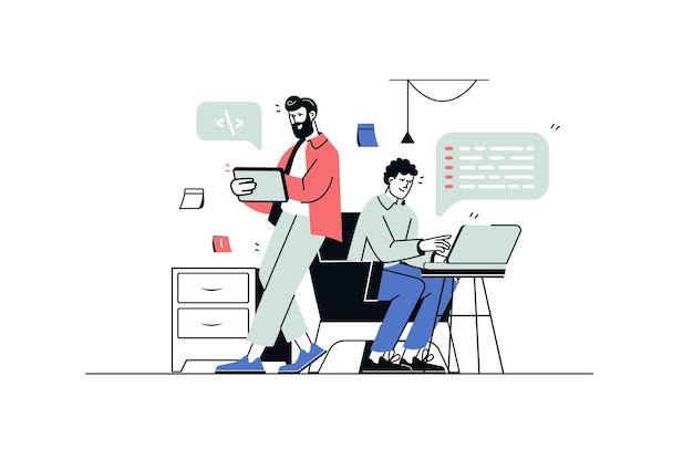 Software developers concept in flat line design Man programmers work with code in office optimize