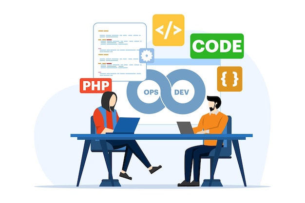 software development and operations programmer practice concept vector illustration