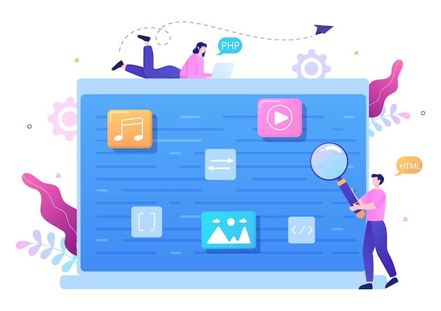 Software Development and Programming Code on Computer Vector Illustration for Technology, Engineer Team, coding, Marketing Material, Business and Presentation