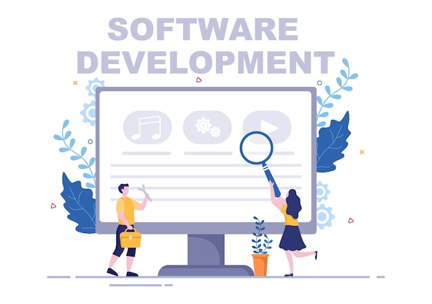Software Development and Programming Code on Computer Vector Illustration for Technology, Engineer Team, coding, Marketing Material, Business and Presentation