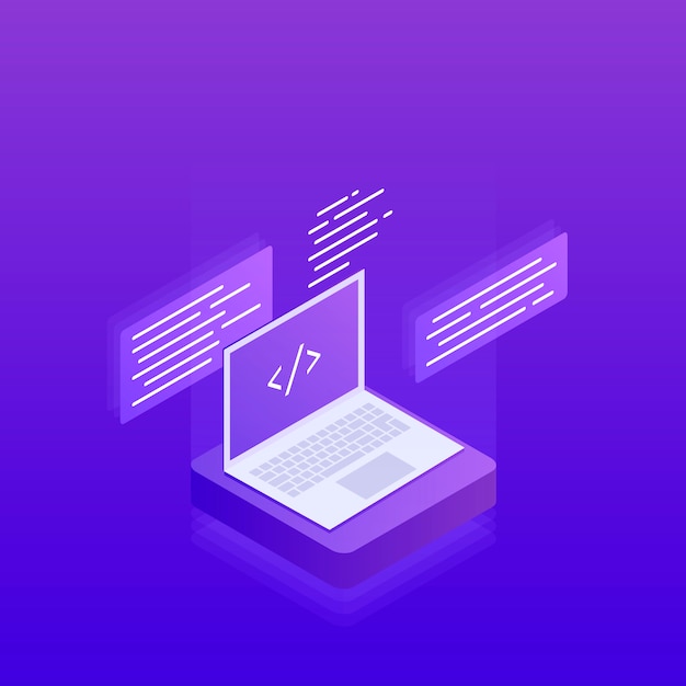 Software development and programming, program code tags on the laptop screen, big data processing. 3d isometric flat . Modern  illustration