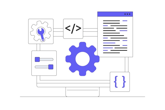 Software development Coding and configuration of gears on a computer screen showing settings web