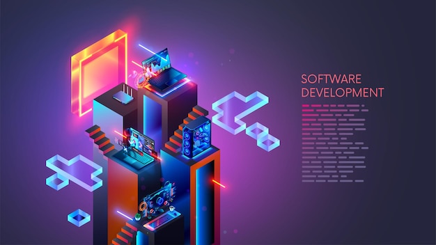 Software development coding programming concept Programming testing cross platform code app on laptop tablet phone Education skill up of programmer Technology computer software development