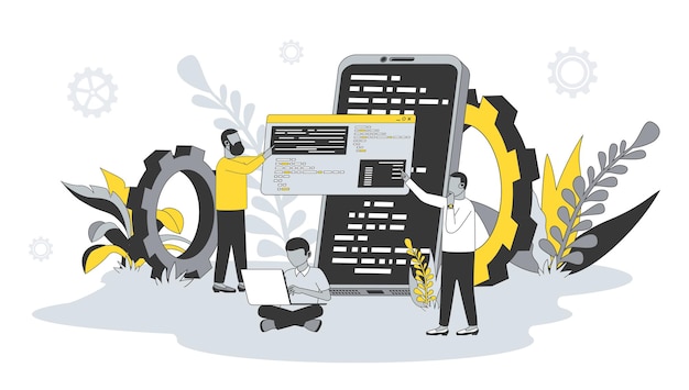 Software development concept in flat design with people Men writing settings and testing code developing programs and applications in team Vector illustration with character scene for web banner
