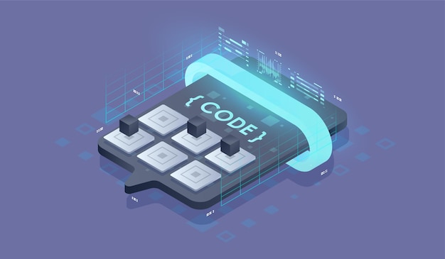 Software development, Concept of programming, data processing. Isometric vector illustration.